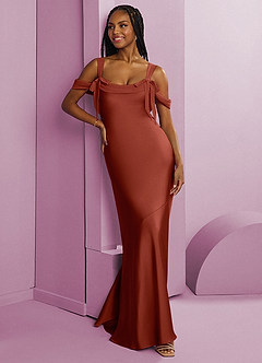Barbie ♥ Azazie Jurken voor bruidsmeisjes Jurk van Stretch Satijn met Kolom Geplooid Terracotta image10