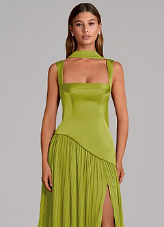 Azazie Stephanie Vestidos de damas de honor Vestido de Hierba De Limón de Satén Elástico de Corte en A con Plisado image6