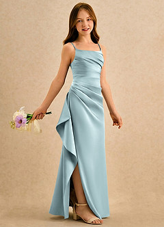 Azazie Cannoli Girls Formal Blumenmädchenkleider A-Linie Plissee Matte Satin Kleid Nebel image1