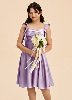 Azazie Kira Junior Frosted Lilac A-Line Ruched Stretch Satin Dress image6