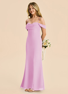 Azazie Nira Junior Vestido Rosa Caramelo de Gasa de Corte Sirena con Drapeado image3