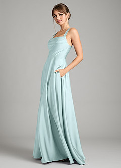 Azazie Shaude Bridesmaid Dresses Sea Glass A-Line Pleated Stretch Satin Dress image4