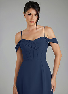 Azazie Cece Robes de demoiselle d'honneur Robe Trapèze en Mousseline de soie Épaule décolletée Bleu Marine Foncé image3