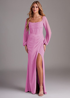 Azazie Charissa Jurken voor bruidsmeisjes Jurk van Chiffon met Kolom Lange mouw Snoep Roze image1