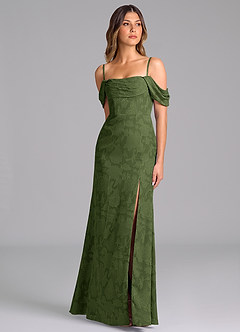 Azazie Saige Bridesmaid Dresses Olive A-Line Off the Shoulder Floral Burnout Convertible Dress image5