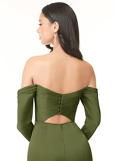 Azazie Hallie Bridesmaid Dresses Olive Sheath Off-The-Shoulder Long Sleeve Stretch Satin Convertible Dress image7