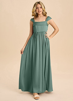 Azazie Hattie Junior Abito A-Line in Raso Elasticizzato Plissettato Eucalipto image5