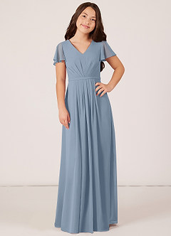 Azazie Peony Junior Dusty Blue A-Line Pleated Chiffon Dress image1