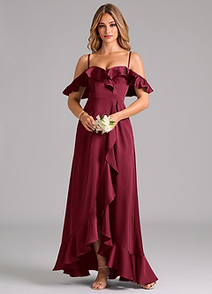 Azazie Lyra Bridesmaid Dresses Burgundy A-Line Off the Shoulder Stretch Satin Convertible Dress image5