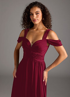 Azazie Lianne Robes de demoiselle d'honneur Robe Trapèze en Satin extensible Épaule décolletée Bourgogne image3