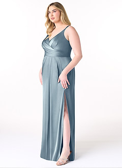 Azazie Aqua Bridesmaid Dresses Dusty Blue A-Line V-Neck Pleated Stretch Satin Dress image10