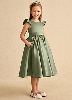 Azazie Dumpling Flower Girl Dresses Pistachio A-Line Bow Matte Satin Dress image3