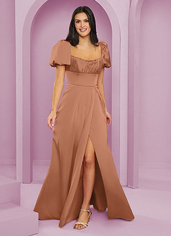 Barbie ♥ Azazie Final Sale Bronzer A-Line Ruched Stretch Satin Dress image1