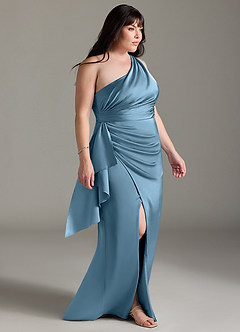 Azazie Maive Final Sale Steel Blue Sheath Ruched Stretch Satin Dress image8