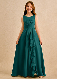 Azazie Chibi Girls Formal Abiti da Ragazza di Fiori Abito A-Line in Chiffon Plissettato Verde Pavone image3