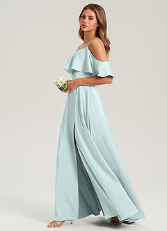 Azazie Jean Bridesmaid Dresses Sea Glass A-Line Off the Shoulder Stretch Satin Dress image5