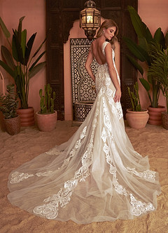 Azazie Delvita Wedding Dresses Diamond White Nude Mermaid V-Neck Sequins Tulle Dress image2