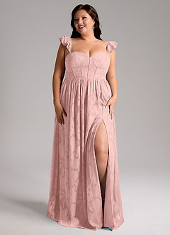 Azazie Denisse Brautjungfernkleider Eine Linie Gestreift Blumen-Burnout Kleid Puderrosa image10
