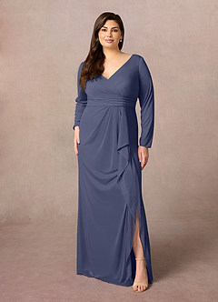 Azazie Risa Mother of the Bride Dresses Stormy Mermaid V-Neck Pleated Mesh Dress image6