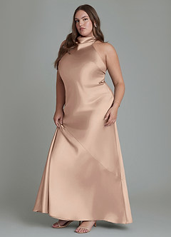 Azazie Velli Vestidos de damas de honor Vestido Gris Pardo de Satén Metálico de Corte Recto con Cuello alto image6