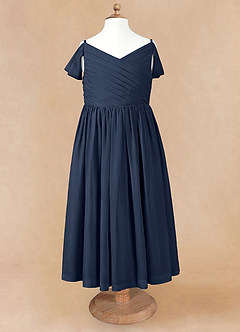 Azazie Chelle vestidos de niña de las flores Vestido de Azul Marino Oscuro de Gasa de Corte En A con Plisado image6
