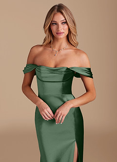 Azazie Saige Bridesmaid Dresses Eucalyptus A-Line Off the Shoulder Metallic Satin Convertible Dress image3