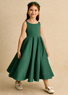 Azazie Babs Flower Girl Dresses Dark Green Ball-Gown Pleated Matte Satin Dress image4