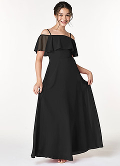 Azazie Maggie Junior Jurk van Chiffon met A-Lijn Off the Shoulder Zwart image1