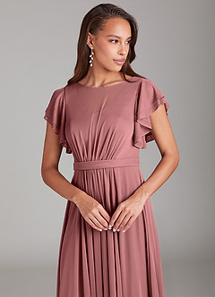 Azazie Daphne Modest Bridesmaid Dresses A-Line Ruched Mesh Floor-Length Dress image4
