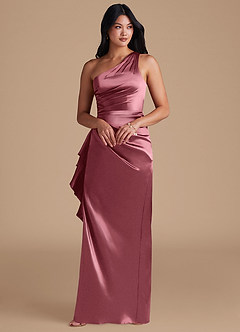 Azazie Latrice At-home Try On Dresses Desert Rose Sheath One Shoulder Metallic Satin Dress image6