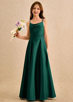 Azazie Coconut Girls Formal Blumenmädchenkleider A-Linie Plissee Stretch-Satin Kleid Smaragd image4
