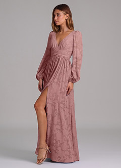 Azazie Norah Brautjungfernkleider A-Linie Langarm Blumen-Burnout Kleid Altrosa image3