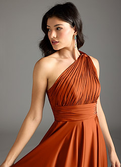 Azazie Charlize Bridesmaid Dresses Burnt Orange A-Line One Shoulder Stretch Satin Dress image15