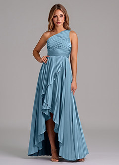 Azazie Lyrica Bridesmaid Dresses Steel Blue A-Line One Shoulder Stretch Satin Dress image1