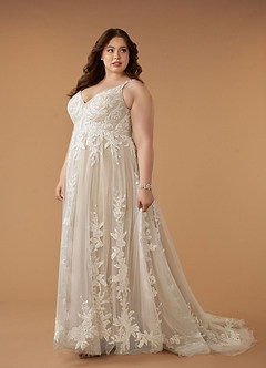 Azazie Delaina Wedding Dresses Diamond White Nude A-Line V-Neck Sequins Tulle Dress image14