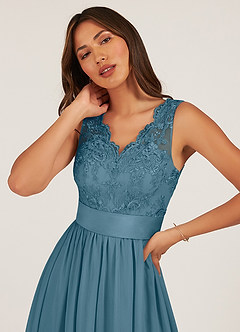 Azazie Gertrude Brautjungfernkleider A-Linie Spitze Chiffon Kleid Bermudablau image6