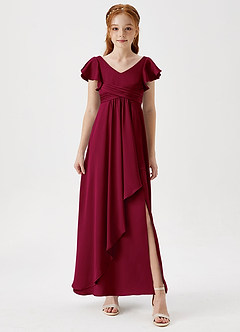 Azazie Omari Junior Burgundy A-Line Pleated Stretch Satin Dress image4