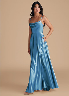 Azazie Elle Bridesmaid Dresses Steel Blue A-Line with Pockets Metallic Satin Dress image12