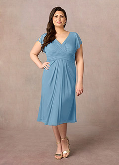 Azazie Vera Mother of the Bride Dresses Steel Blue A-Line V-Neck Pleated Mesh Dress image6