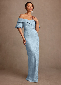 Azazie Golda Mother of the Bride Dresses Sky Blue Sheath Off the Shoulder Floral Burnout Dress image3