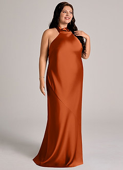 Azazie Velli Vestidos de damas de honor Vestido de Naranja Quemada de Satén Elástico de Corte Sirena con Cuello Alto image12