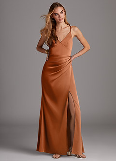 Azazie Shania At-home Try On Dresses Agave Sheath V-Neck Pleated Stretch Satin Dress image3
