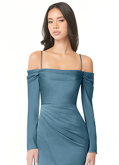 Azazie Hallie Jurken voor bruidsmeisjes Converteerbaar Jurk van Stretch Satijn met Kolom Off-the-shoulder lange mouw Bermuda image2