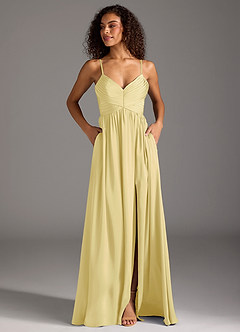 Azazie Alia Bridesmaid Dresses Lemon Sorbet A-Line Pleated Stretch Satin Dress image7