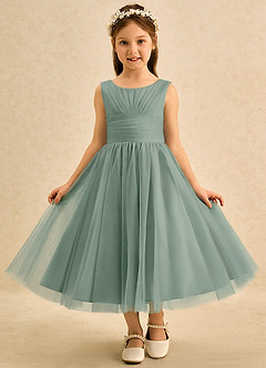 Azazie Macaron vestidos de niña de las flores Vestido Salvia Plateada de Tul de Línea A con Plisado image3