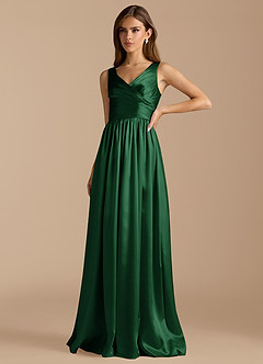 Azazie Keyla Bridesmaid Dresses Dark Green A-Line Pleated Metallic Satin Dress image5