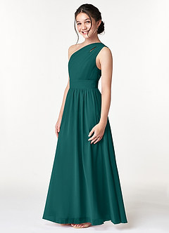 Azazie Molly Junior Abito A-Line in Chiffon Plissettato Verde Pavone image5