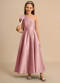 Azazie Guppy Girls Formal Flower Girl Dresses Dusty Rose A-Line One Shoulder Matte Satin Dress image3