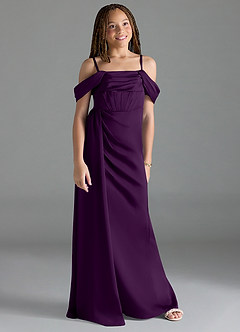 Azazie Amyra Junior Grape Sheath Off the Shoulder Stretch Satin Dress image3