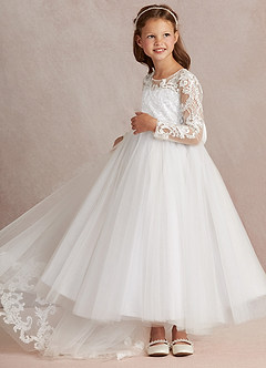Azazie Elodie Flower Girl Dresses Ivory White Ball-Gown Lace Dress image5